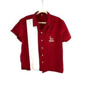 Vintage Rock and Roll Bowling Shirt Red White Embroidered Music Notes L Retro 50